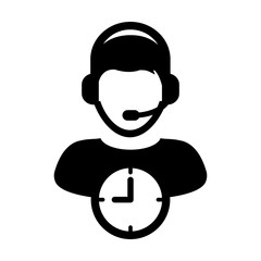 Chat icon vector with clock symbol and male customer care support business service person profile avatar with headphone for online assistant in glyph pictogram illustration