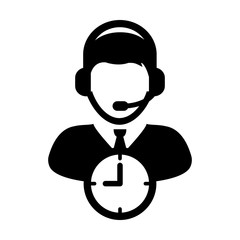 Support icon vector with clock symbol and male customer care support business service person profile avatar with headphone for online assistant in glyph pictogram illustration