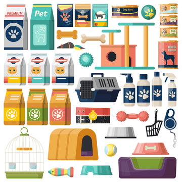 Set of isolated pet items, food for cat and dog