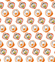Seamless sushi pattern with different rolls 