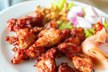 Favorite preservation food in thailand, Fried sour pork, fermented pork in white dish