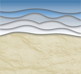 Illustation of beach scene with  sand and waves, with texture. in style of papercuts.
