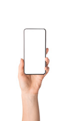 Female hand demonstrating new smartphone with blank screen