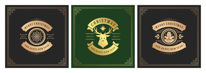 Christmas square banners vintage typographic design, ornate decorations symbols vector illustration