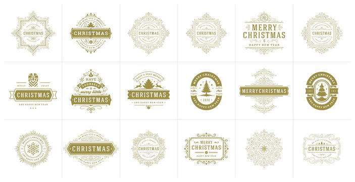 Christmas vector typography ornate labels and badges, happy new year and winter holidays wishes for vector illustration