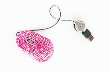 computer mouse, pink optical manipulator with decorative rhinestones