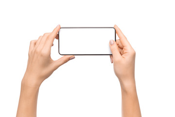 Female hands taking photo on smartphone with blank screen - Powered by Adobe