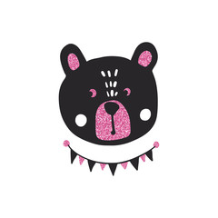 Vector Happy bear girl with golden glitter. Awesome teddy bear.