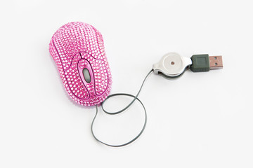 computer mouse, pink optical manipulator with decorative rhinestones