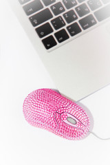 computer mouse, pink optical manipulator with decorative rhinestones