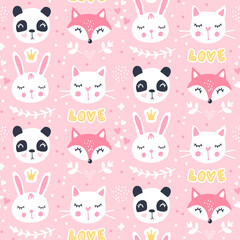 Obraz premium Cute seamless pattern with fox, panda, cat.