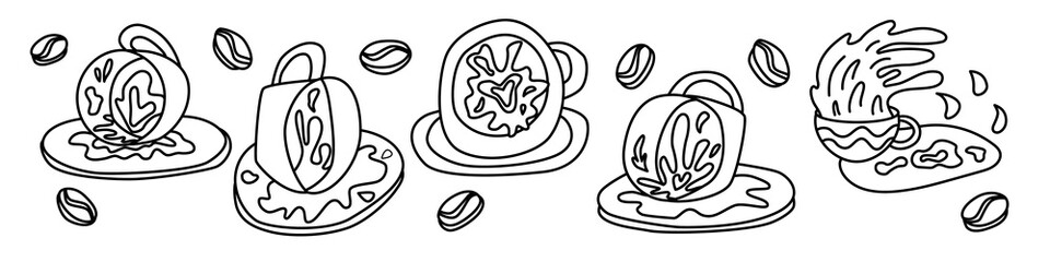 Fortune telling and divination set elements of coffee cup for a mystic sphere of activity, shop. Witch store. Idea for esoteric, occult books, presentation. Furtive telling. Mystery illustrations 