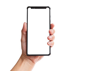 Hand holding black smartphone with blank screen