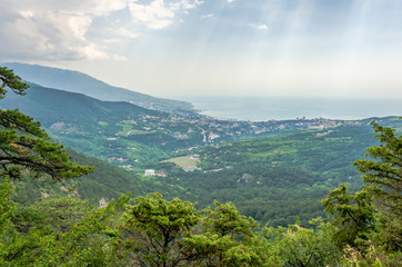 View from the top of the mountain on mount Yalta in the Crimea.Mountains with forest near the sea.