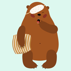 Cute illustration with sleepy bear in a sleep mask with a pillow . Funny  childish print for nursery,  apparel, poster, postcard and child's room, t-short and ect.