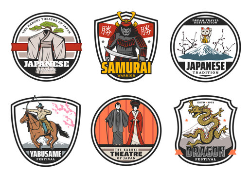 Samurai, yabusame, maneki-neko cat, Kabuki icons