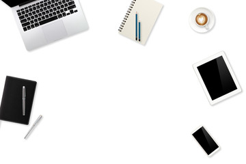 top view workspace business white desk with laptop computer, office supplies and coffee cup using for background
