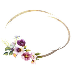Wedding frame wreath bridal romanric rustic warm bouquet. Hand drawing watercolor pink and purple and orange flowers ornament
