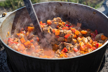 Iron pot cooking food over an open fire.