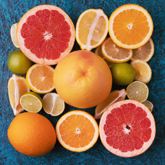 Citrus fruits collection, food background oranges, lemons, limes and grapefruit fresh fruits background