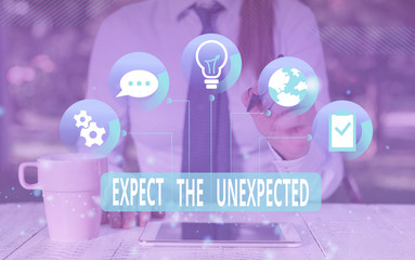 Text sign showing Expect The Unexpected. Business photo text Anything can Happen Consider all Possible Events Female human wear formal work suit presenting presentation use smart device