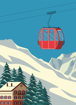 Ski resort with red gondola lift, chalet, winter mountain landscape, snowy peaks and slopes. Alps travel retro poster, vintage banner. Vector flat illustration.
