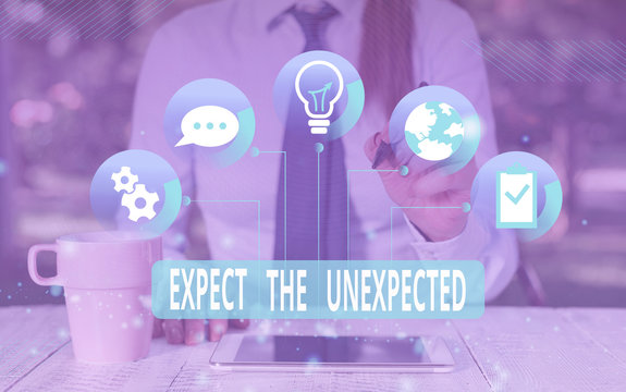 Text sign showing Expect The Unexpected. Business photo text Anything can Happen Consider all Possible Events Female human wear formal work suit presenting presentation use smart device