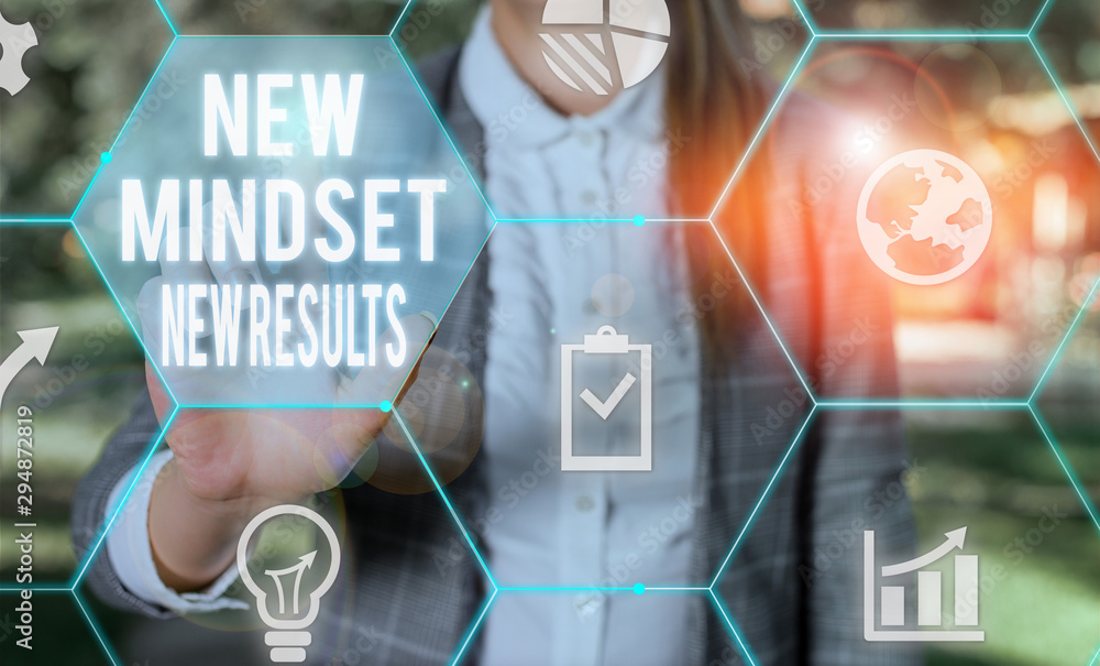 Poster writing note showing new mindset new results. business concept for open to opportunities no limits t