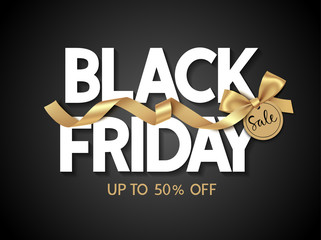 Black friday sale design template Text with decorative golden bow and price tag. Vector illustration