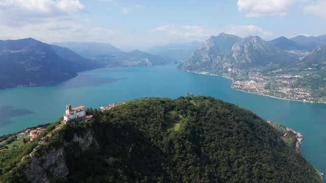 Aerial 4K - Lago D'Iseo (IT) - Monte Isola - vista della Chiesa della Madonna della Ceriola 