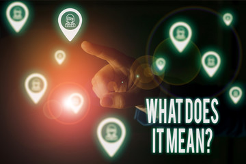 Writing note showing What Does It Mean Question. Business concept for Give me the meaning of something Definition Male wear formal work suit presenting presentation smart device