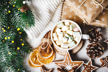 A Cup of hot cocoa and Christmas cookies. Merry Christmas and happy New year. Selective focus. Top view.