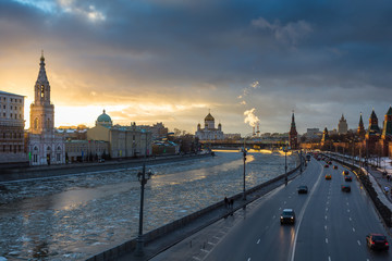 Sunset over Moscow river and Kremlin embankment at winter