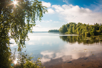 Summertime view on a lake surrounded with trees