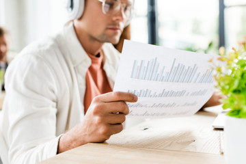selective focus of young businessman sitting in headphones and analyzing paper with graphs and charts