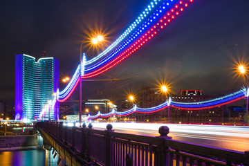 Obraz premium Moscow city night landscape. Novoarbatskiy bridge.