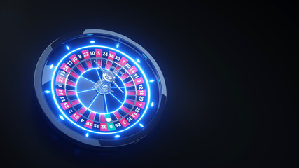 Casino Roulette Wheel Gambling Concept With Neon Blue Lights - 3D Illustration