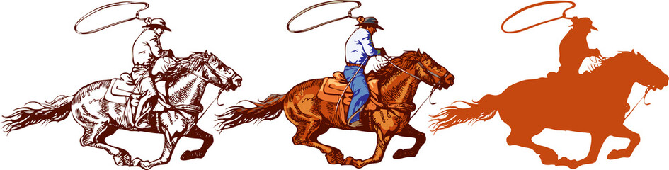 vector image of a cowboy in a hat on a horse with a lasso and a foal in the style of art graphics - obrazy, fototapety, plakaty