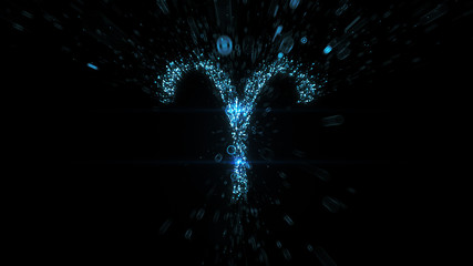Glowing blue Aries zodiac symbol built from flying blue particles in space - 294876056