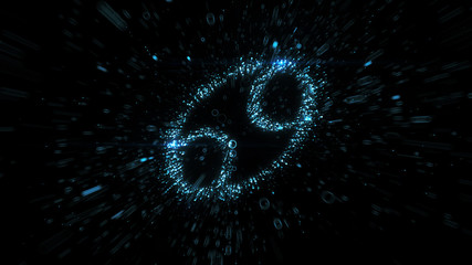 Glowing blue Cancer zodiac symbol built from flying blue particles in space - 294876073