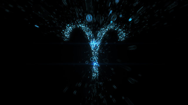 Glowing blue Aries zodiac symbol built from flying blue particles in space