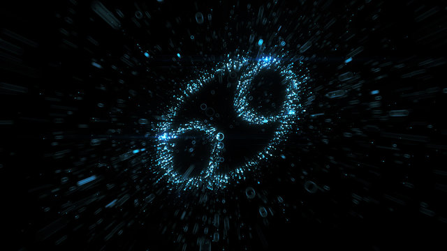 Glowing blue Cancer zodiac symbol built from flying blue particles in space
