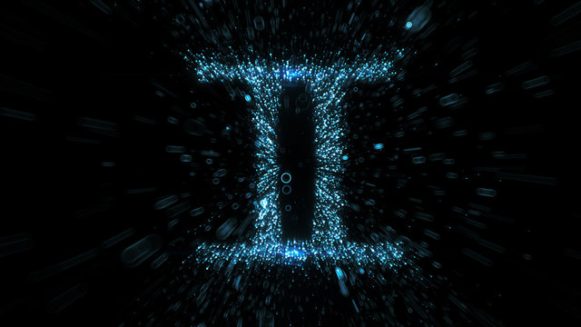 Glowing blue Gemini zodiac symbol built from flying blue particles in space