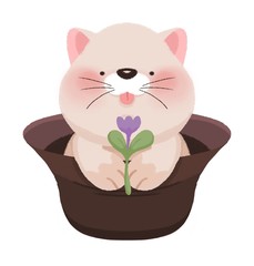 Cat in bucket hat holding a purple flower