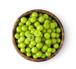 Indian gooseberry in wood bowl isolated on white background. top view