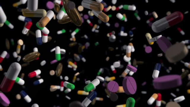 Flying through assorted Colorful Pills change to Money on Black
