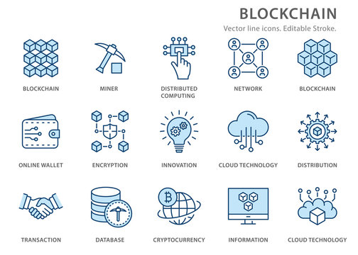 Blockchain technology flat line icon set. Vector illustration. Editable stroke.