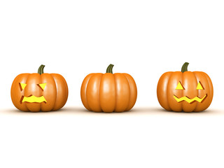 Three 3D pumpkin jack o lanterns