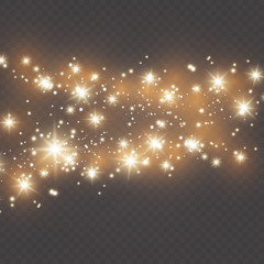 Confetti glittering wave. Vector golden sparkling comet tail on black background. - Vector