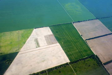 Green fields view from the plane to the ground. Fields of different colors are divided on the ground view from above.